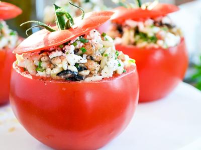 Tomatoes Stuffed with Orzo, Lentil and Feta Salad